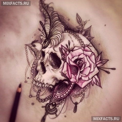 татуировка роза и череп
